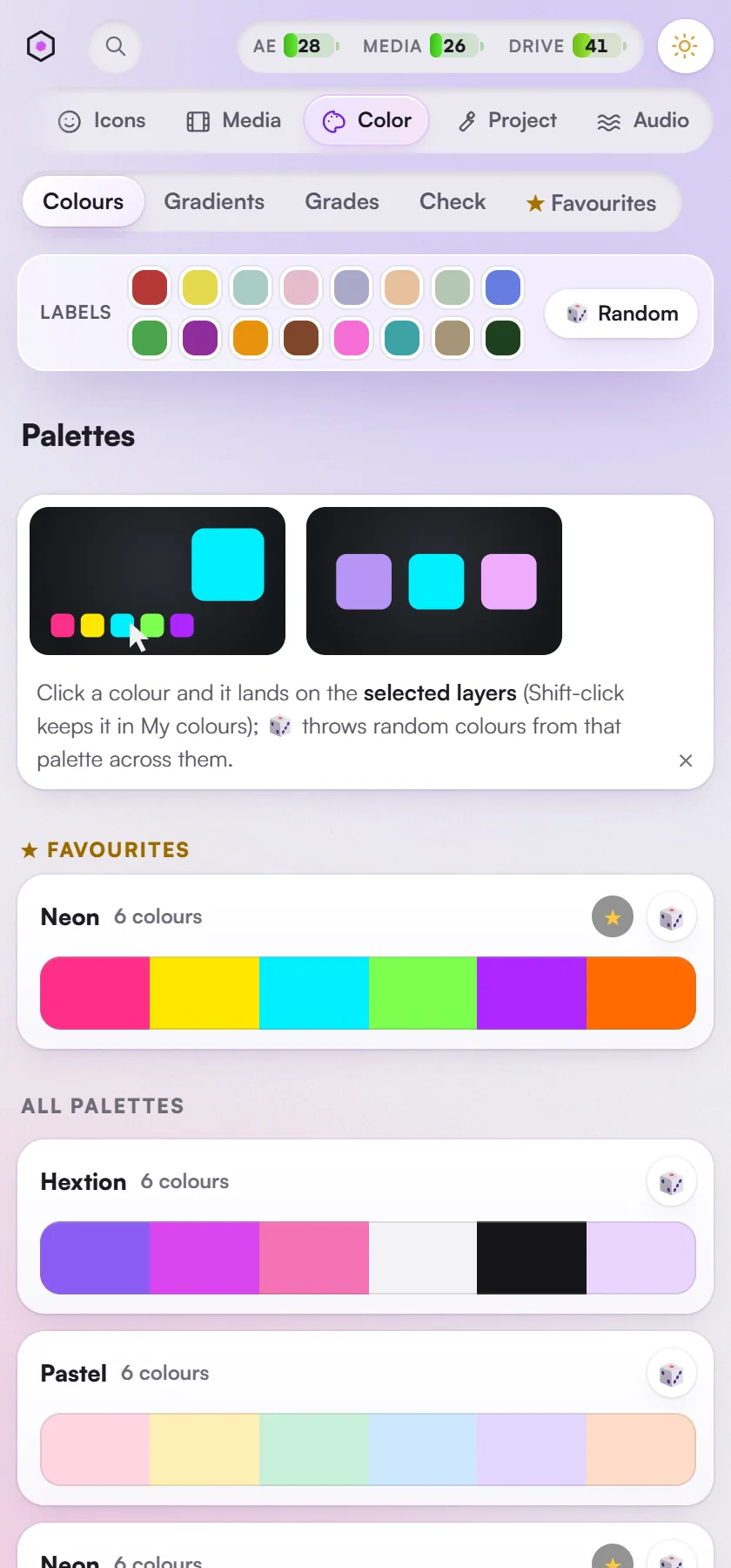Color > Colours: palettes, your saved colours, moods and harmony.