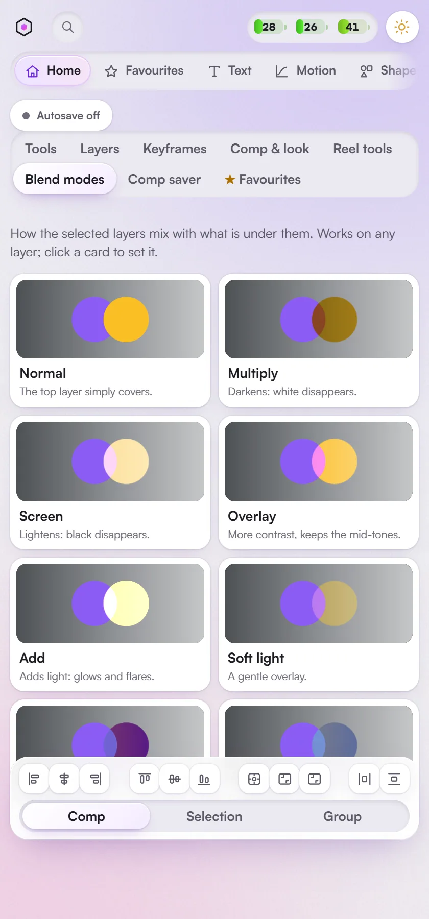 Home: blend mode previews.