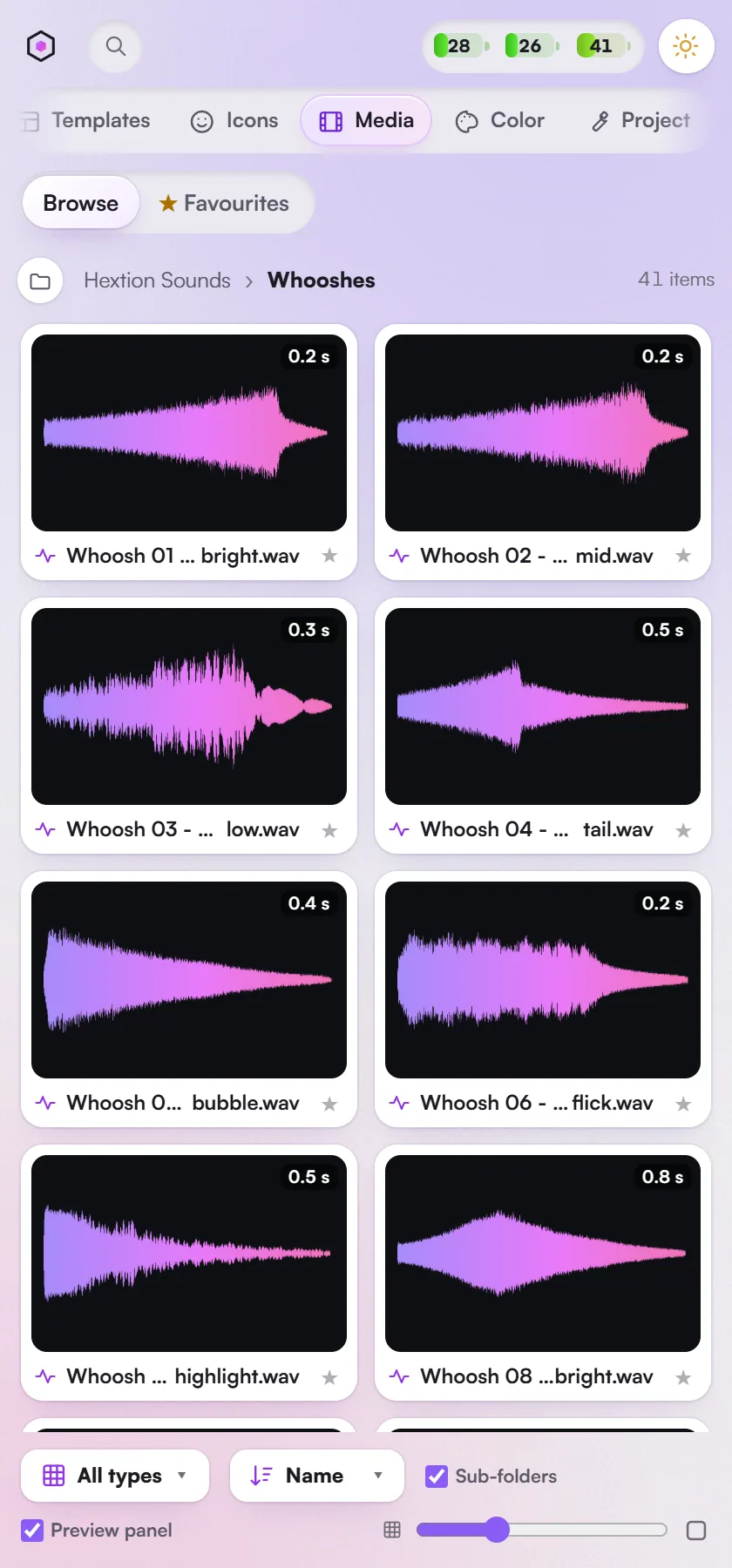 Hextion Sounds open on the Whooshes folder, each sound with its waveform.