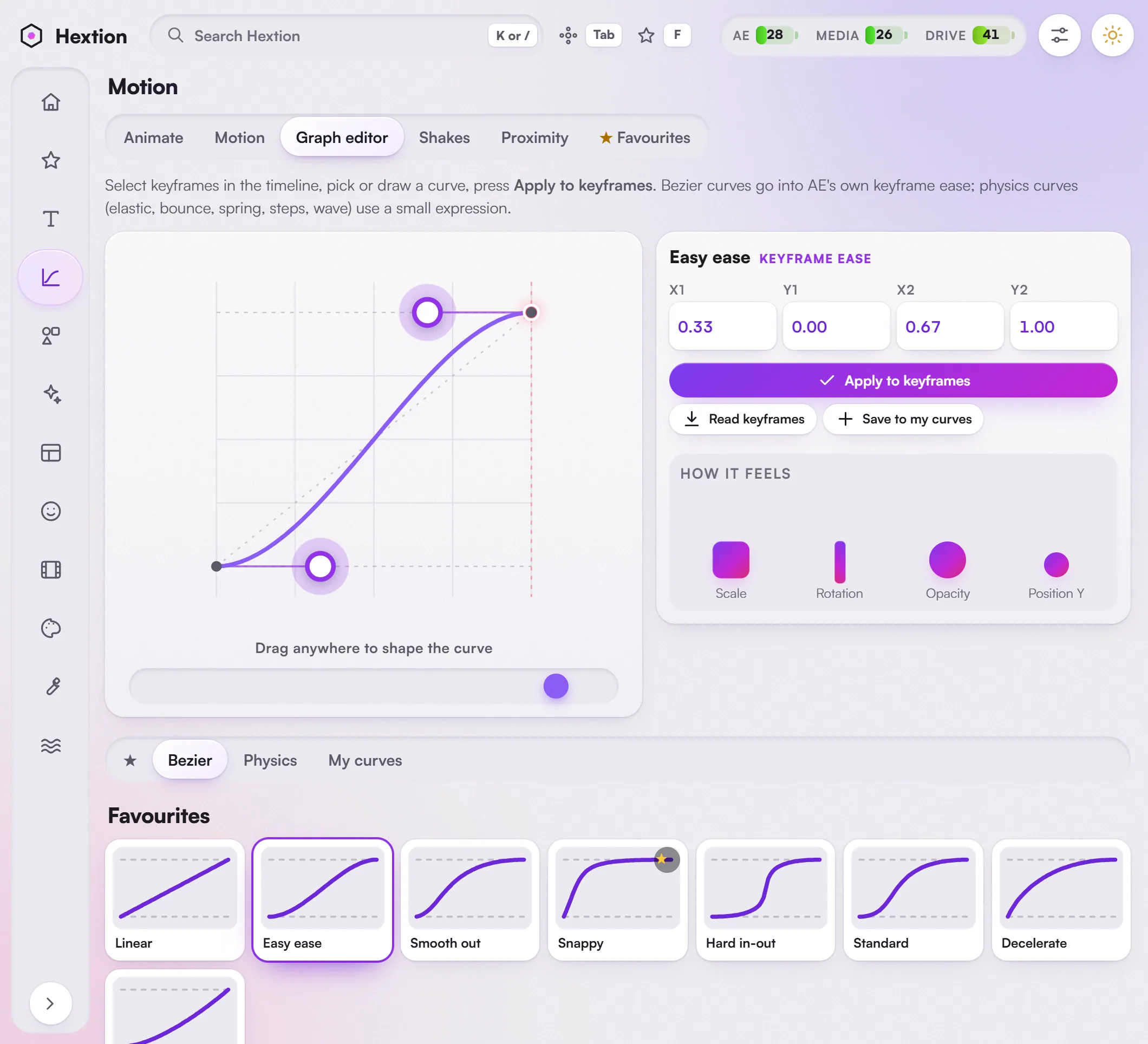 Motion > Graph editor: a large Bezier curve editor with 34 preset curves and physics curves.