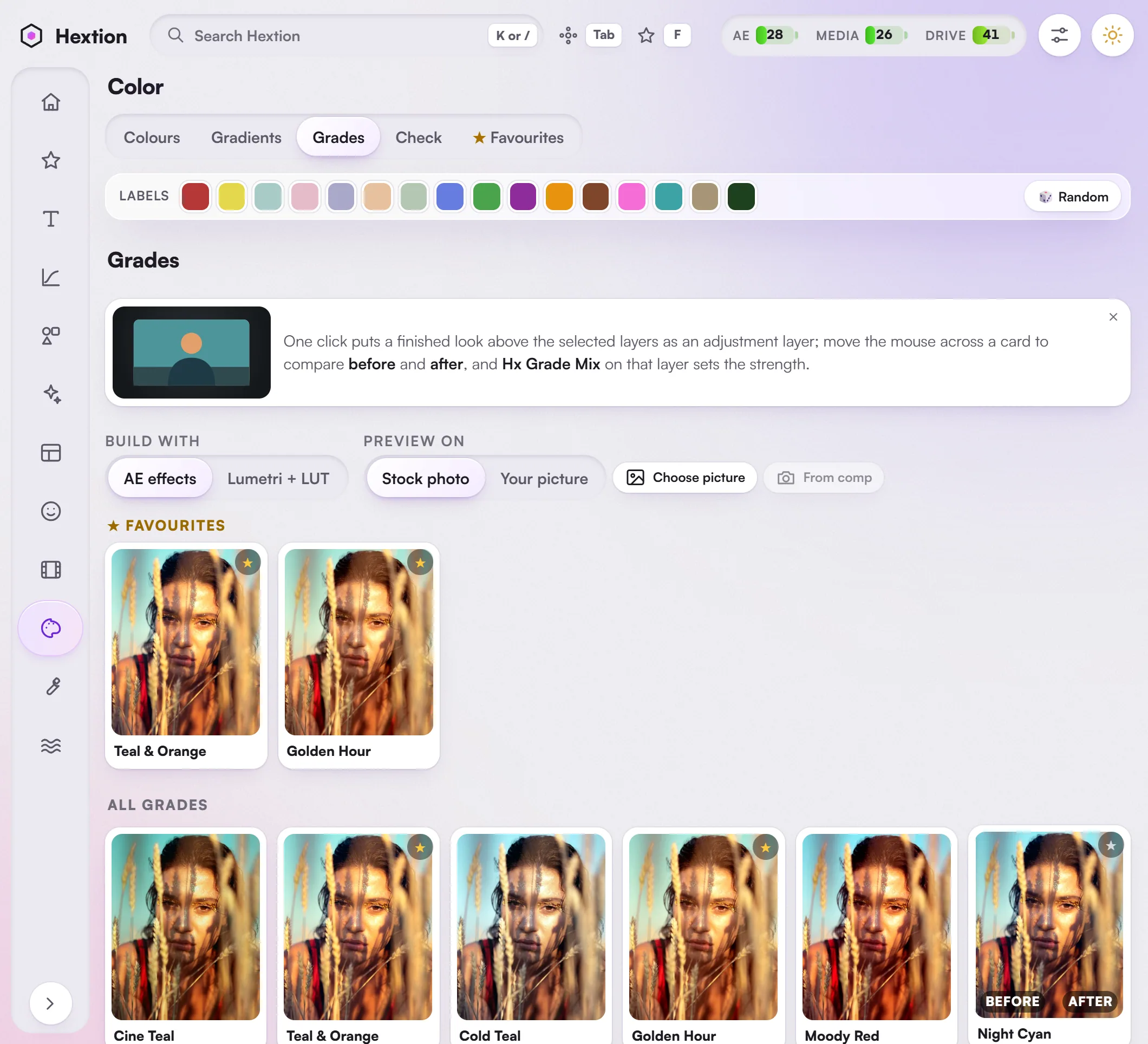 Color > Grades: 22 colour grades previewed on a photo, each with a matching LUT.