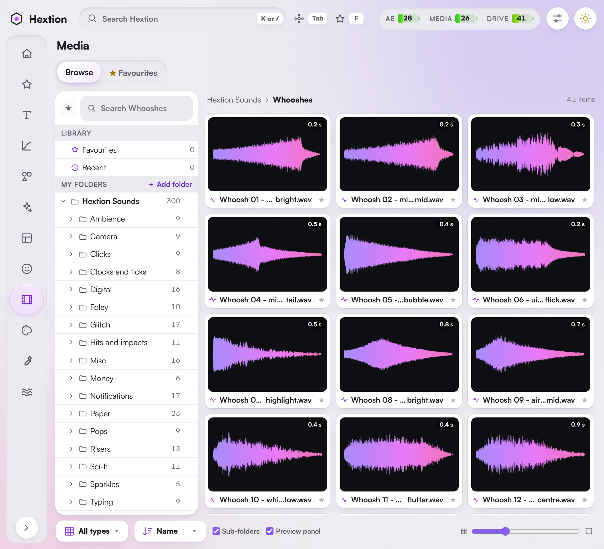 Media: the Hextion Sounds library open on the Whooshes folder, every sound with its waveform.