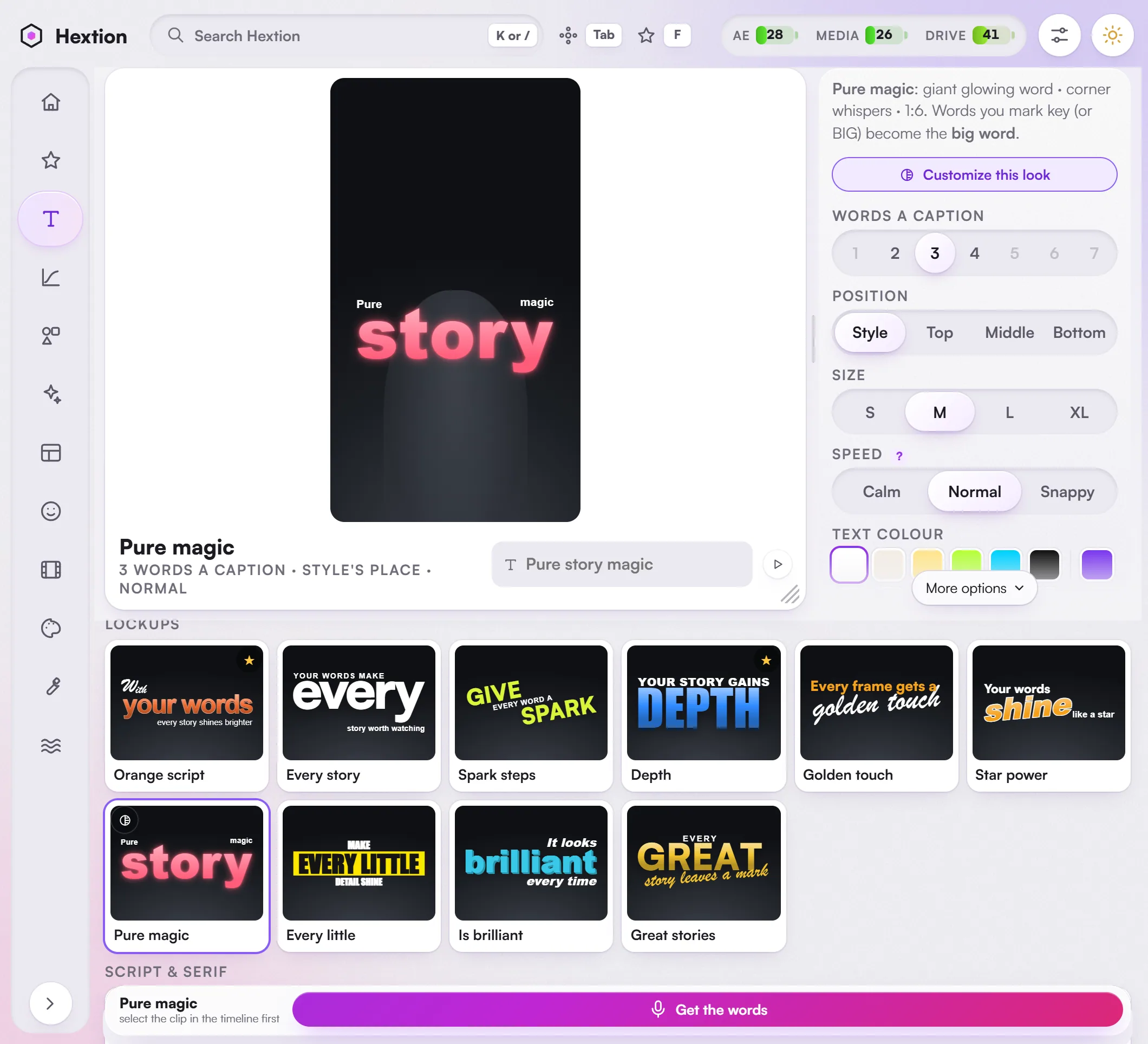 The Hextion panel on its Text page: Auto captions, with a big caption preview above a grid of caption looks.