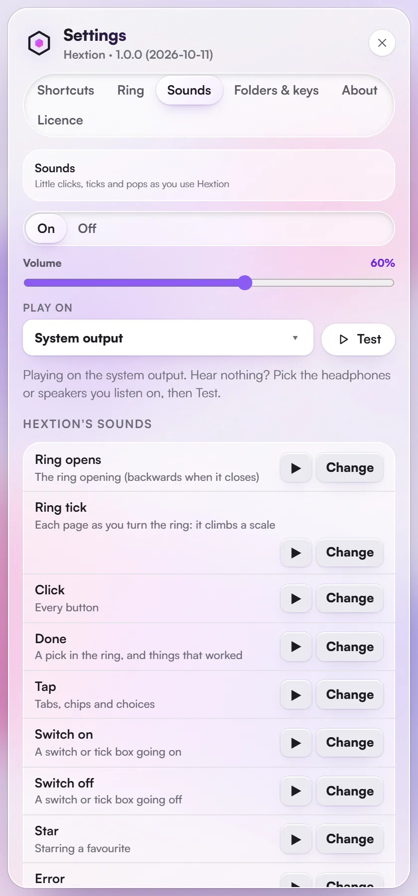 Settings > Sounds: the panel interface sounds and their volume.