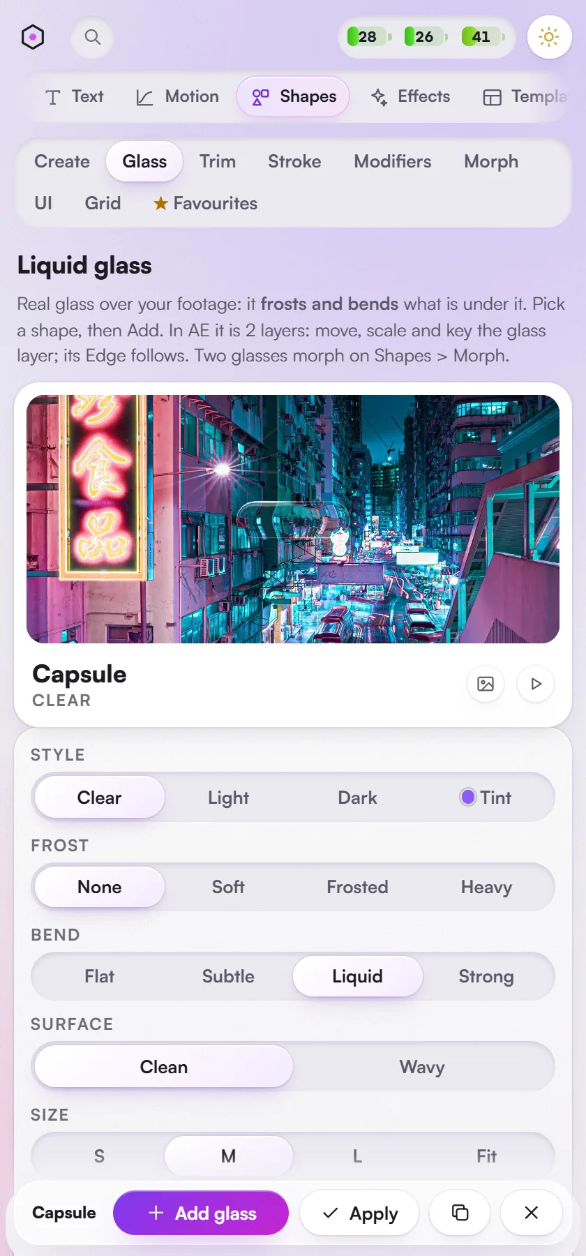 Shapes > Liquid glass: a glass capsule over a neon street photo, with style, frost, bend and motion controls.