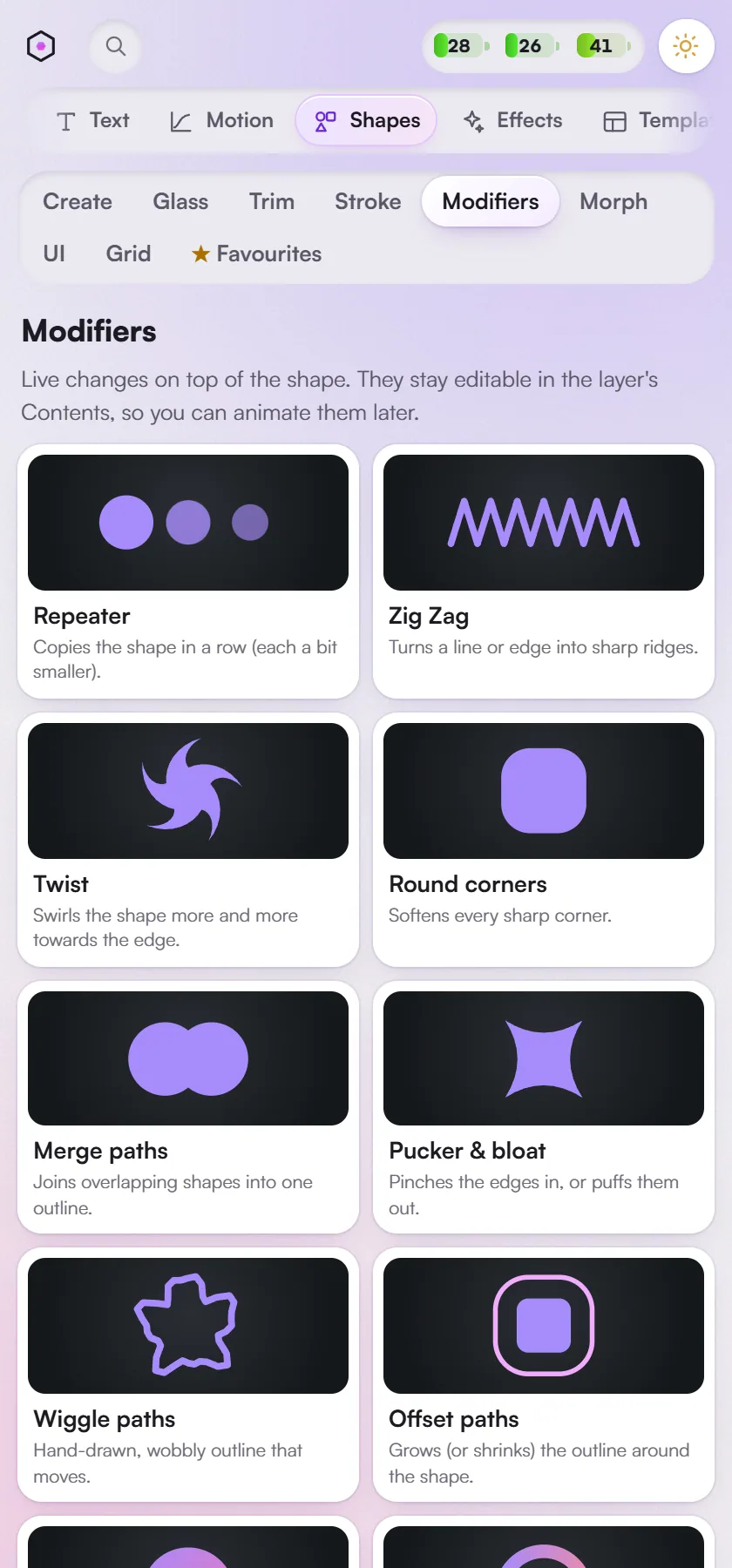 Shapes > Modifiers: twelve shape modifiers with live previews.