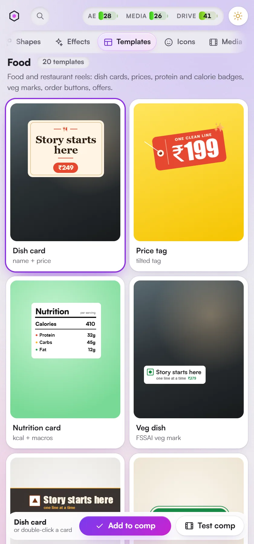 Templates, the Food pack: animated text template cards, each on its final frame.
