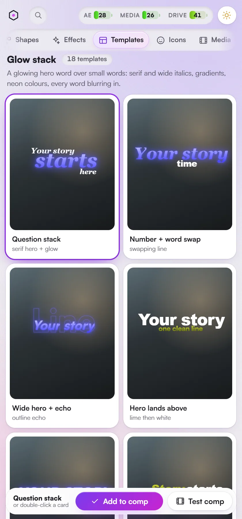 Templates, the Glow shelf: animated text template cards, each on its final frame.