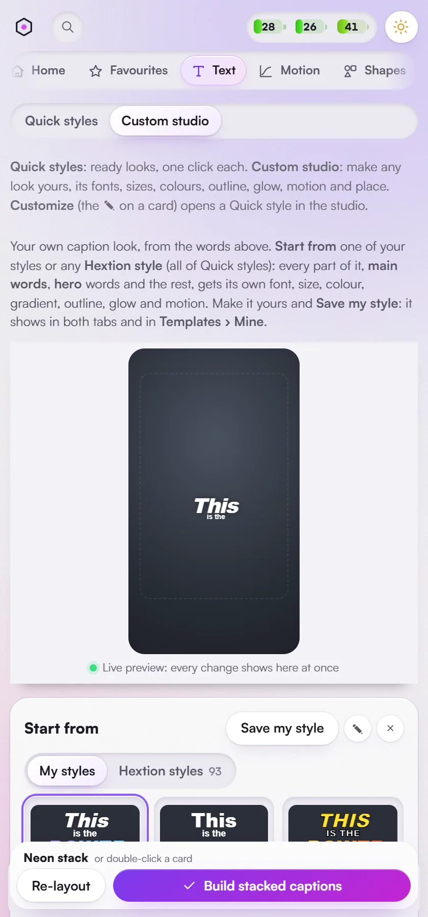 Text > Auto captions > Custom studio: every part of the picked caption look can be edited.
