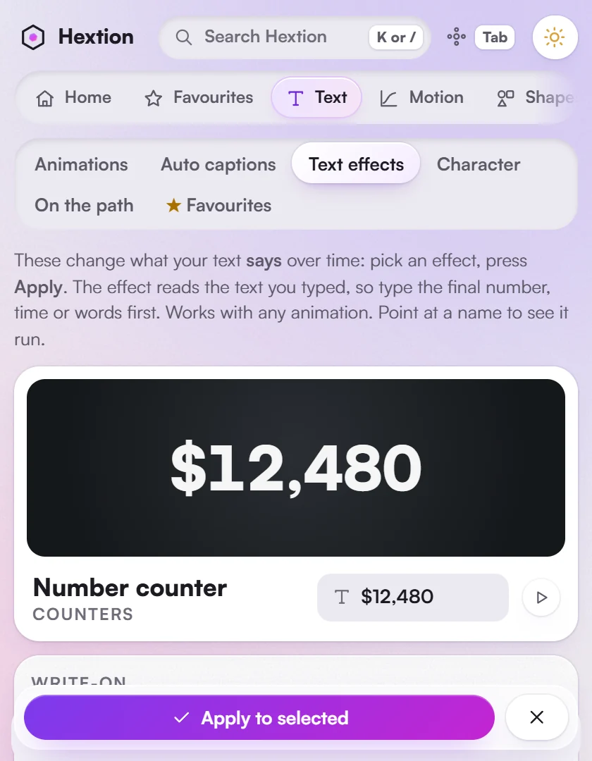 Text > Text effects: a number counter preview, with typewriter, decode, counters and clocks below.