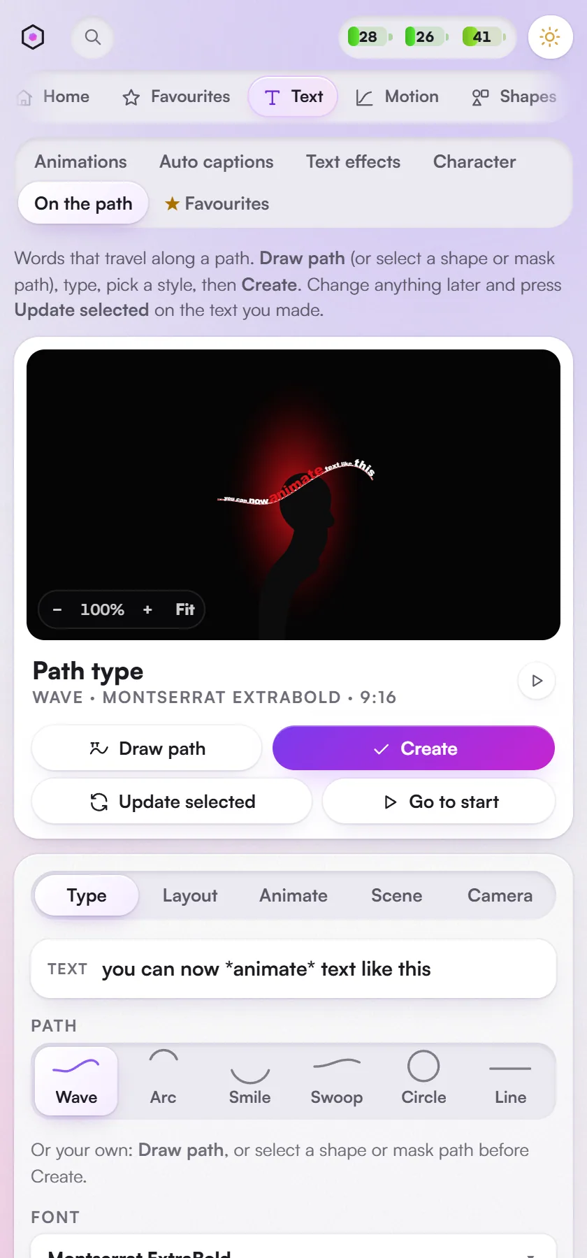 Text > On the path: type running along a live wave path, with Type, Layout, Animate, Scene and Camera tabs.